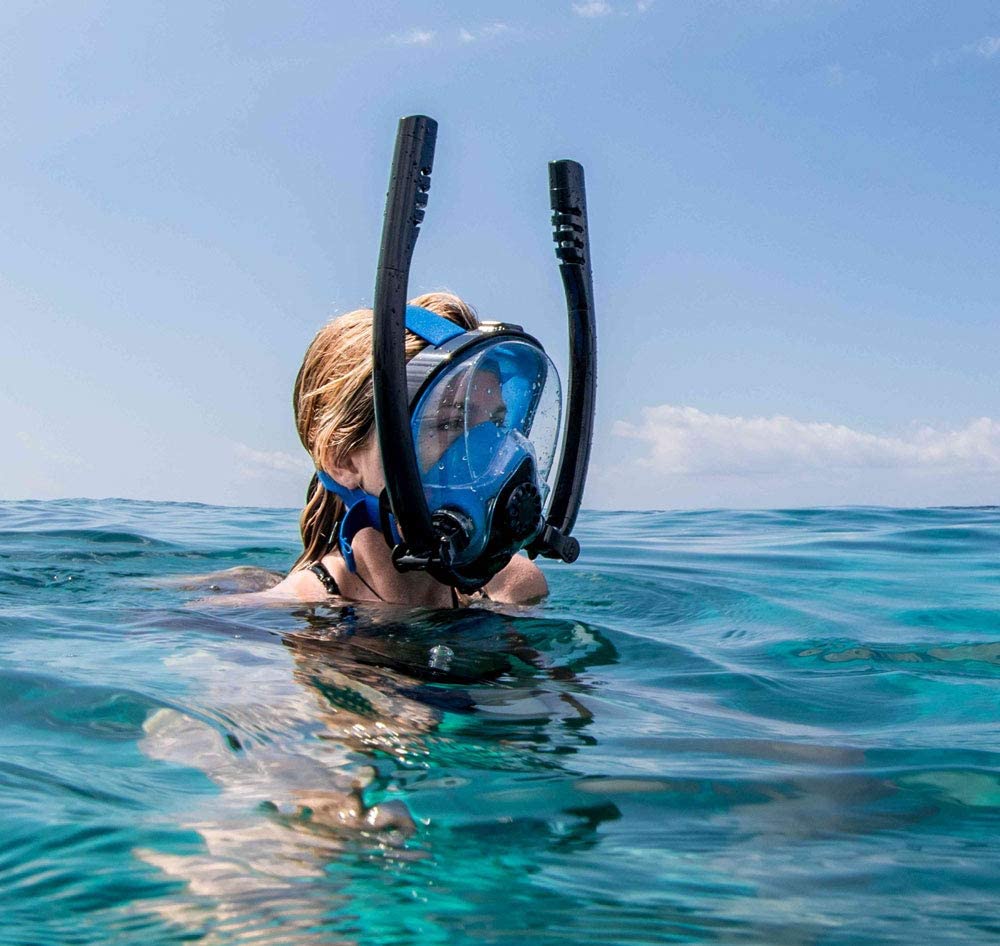 Careta FULL FACE TWOBAS doble snorkel azul y blanco